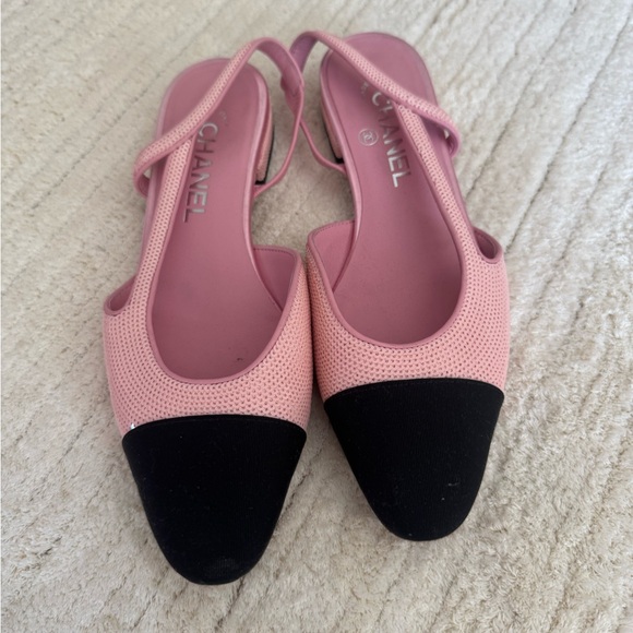 CHANEL pink and black sequin sling back